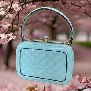 Purse, handbag, EUC, quilted turquoise vegan patent leather, holds phone